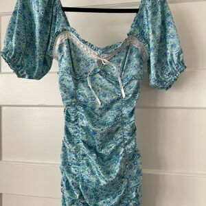 Floral Blue Dress with Puff Sleeves